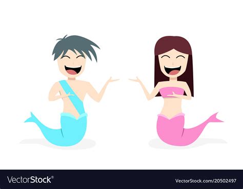 Happy Mermaid And Merman On White In Design Vector Image