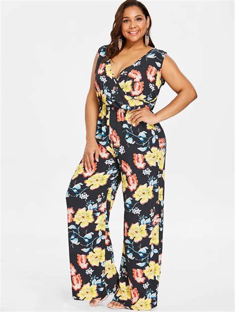 Kenancy Plus Size Floral Sleeveless Wide Leg Surplice Jumpsuit Pockets