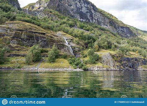 Waterfall Falling In Norwegian Fjord Aurlandsfjord Stock Image Image