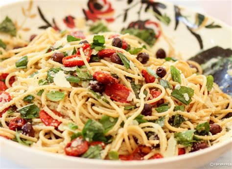 Simple Spaghetti With Roasted Cherry Tomatoes Olives And Basil