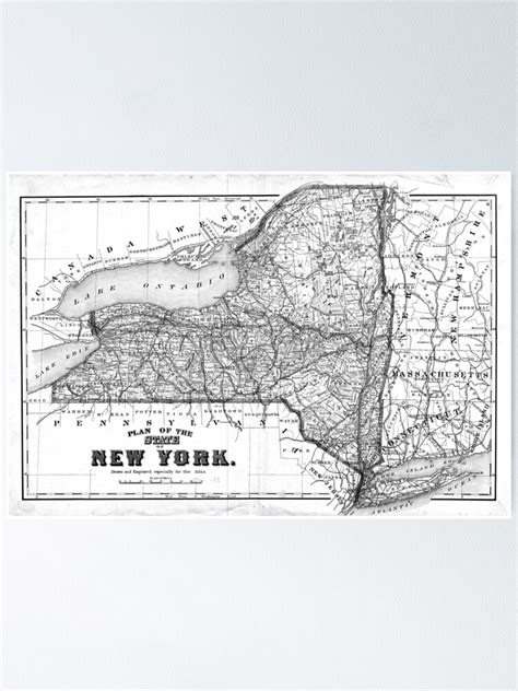Vintage Map Of New York 1873 Bw Poster By Bravuramedia Redbubble