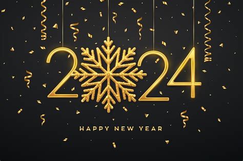 Premium Vector Happy New Year 2024 Hanging Golden Numbers 2024