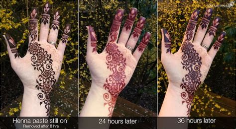 Three Images Showing The Stages Of The Henna Tattoo Dark Freshly Made