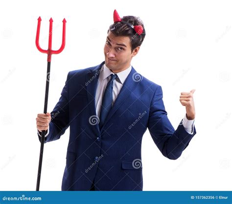 Evil Devil Businessman With Pitchfork Isolated On White Backgrou Stock