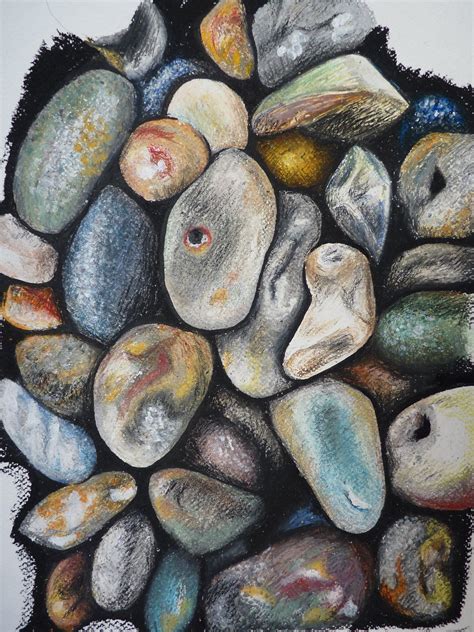 Beach Hues Pebbles Oil Pastel Drawing Beach Seaside Fine Art