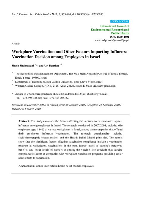 (PDF) Workplace Vaccination and Other Factors Impacting Influenza Vaccination Decision among ...