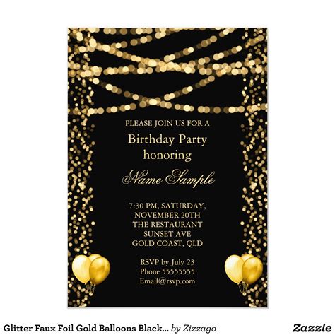 Glitter Faux Foil Gold Balloons Black Birthday Invitation