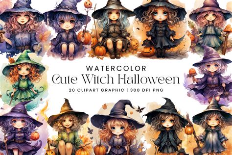 Watercolor Cute Witch Halloween Clipart Graphic By Designscotch · Creative Fabrica