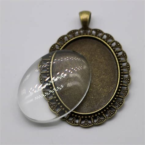 Pendant Bezels With Glass Magnifying Oval Domes Cabochon 5 Sets 10 Pcs