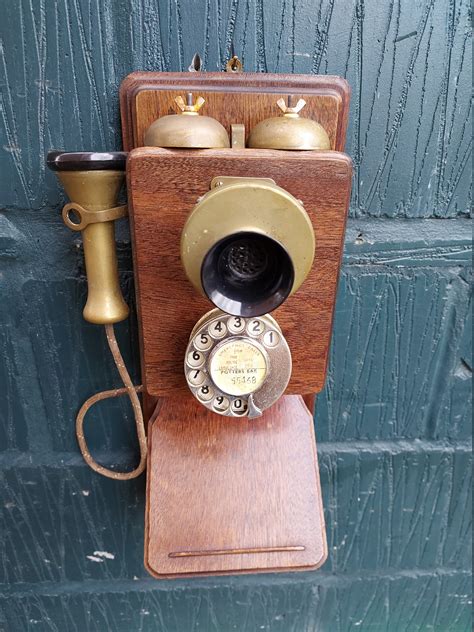 Antique Wall Phone Wood And Brass Dial Telephone Wall Mounted Etsy