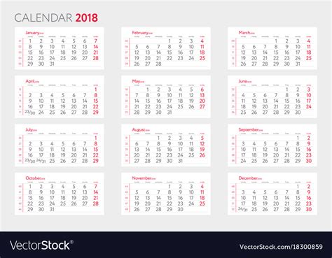 Calendar 2018 With Weeks Template Starts Monday Vector Image
