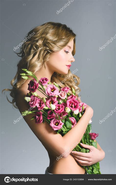 Attractive Woman Holding Bouquet Eustoma Flowers Isolated Grey Stock