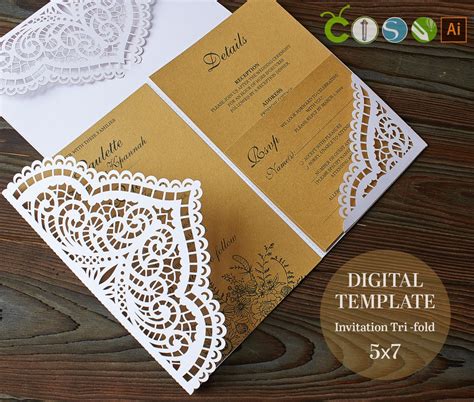 Lace Wedding Invitation Template Svg Envelope Tri Fold For Etsy