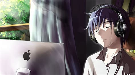 1366x768 Anime Boy Crying In Front Of Apple Laptop
