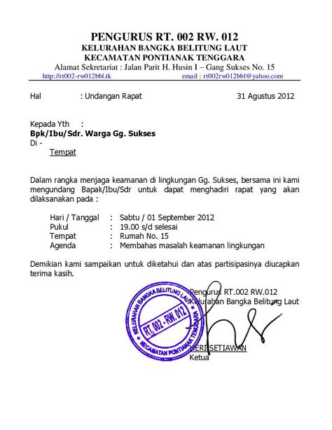 Contoh surat undangan rapat terbaru untuk rapat desa, perusahaan, rt rw, sekolah, dinas resmi, semi block style, kantor, guru, osis, meeting kerja, dll. contoh surat undangan rapat rt - wood scribd indo