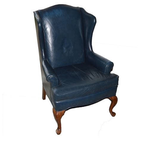 Queen Anne Style Navy Blue Leather Wing Chair By Fairfield Ebth