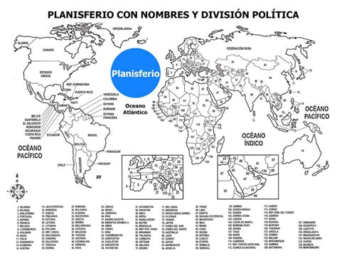 Planisferio con nombres y división política Listo para imprimir