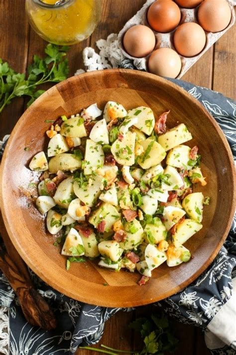 No Mayo Potato Salad With Herbed Bacon Eggs A Saucy Kitchen