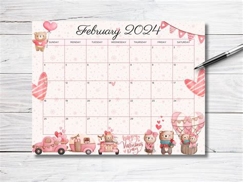 Editable February 2024 Calendar Sweet Valentine 2024 With Cute Bears