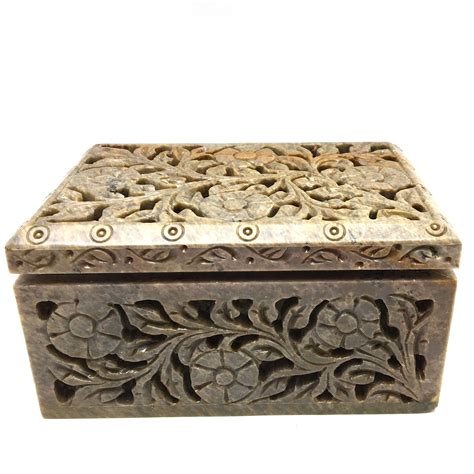 Soapstone Carved Jewelry Trinket Box Jali Keepsake India Hand Carved