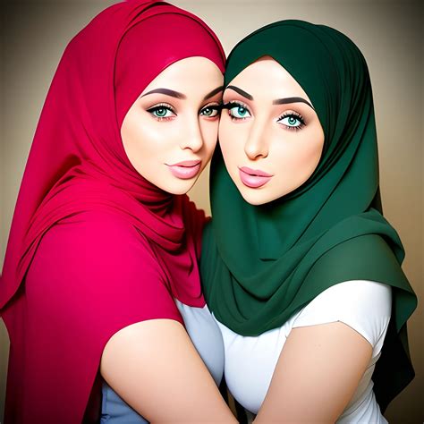 Two Sexy Hijab Babes Model Face Green Eyes Kissing Eachother Ful Arthubai