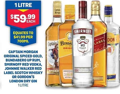 Captain Morgan Original Spiced Gold Bundaberg Up Rum Smirnoff Red Vodak Johnnie Walker Red