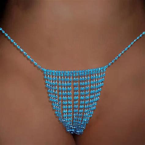 Stonefans Sexy Blue Rhinestone Panties Bikini Thong Chain For Women