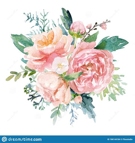 Watercolor Floral Illustration Bouquet With Bright Pink Vivid Flowers