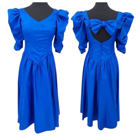 Vintage Dresses Vtg 8s Jcpenney Royal Blue Satin Puffy Ruched Sleeve Princess Cut Gown S