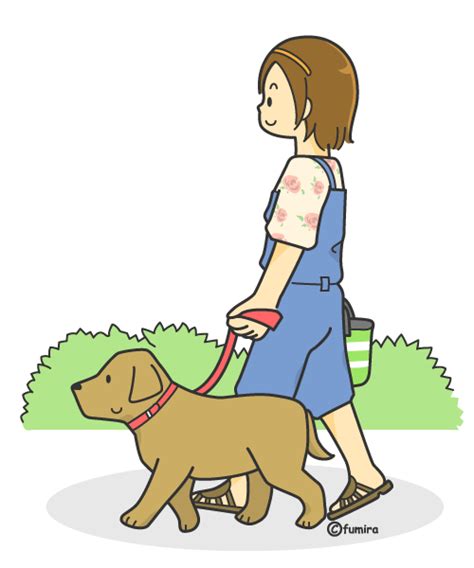 犬の散歩をする女の子のイラスト（カラー）