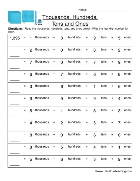 Thousands Hundreds Tens Ones Worksheet 2