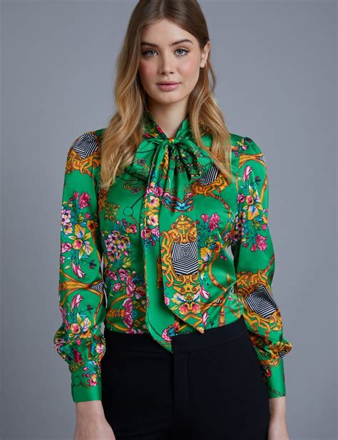 women s green chain print fitted satin blouse single cuff pussy bow hawes and curtis
