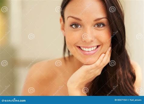 Beautiful Woman With Hand On Her Chin Stock Photo Image Of Happy