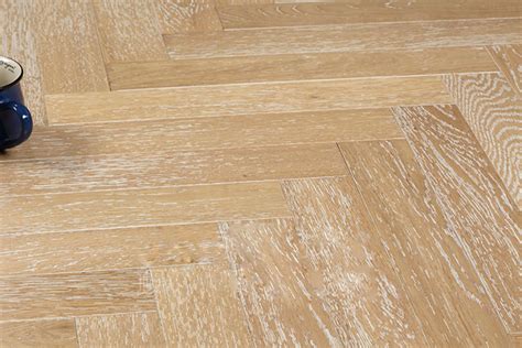 Limed White Grained White Oak Herringbone Patterned Wood Flooring