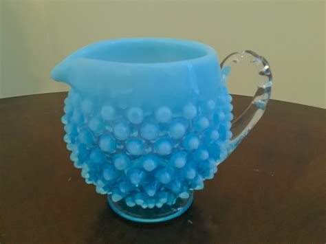 A Pretty Fenton Blue Hobnail Opalescent Creamer With A Clear Handle Etsy