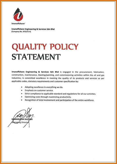 Quality Policy Example Policy Statement Examples Quality Policy