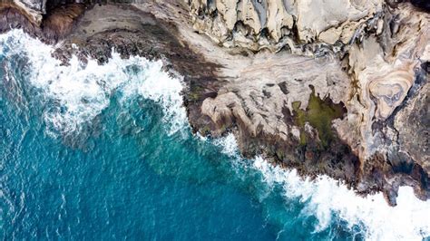 Aerial View Of Rock Sea Coast Waves 4k Nature Hd Desktop Wallpaper