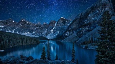 Canada Nature Lake Mountain Trees Forest Stars Landscape Reflection Snow Wallpapers Hd