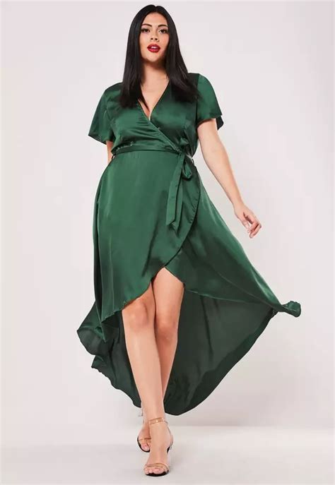 Plus Size Green Satin Wrap Front Ruffle Midi Dress Missguided Green