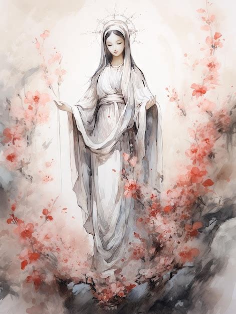 premium ai image beautiful virgin mary our lady traditional chinese ink style illustration