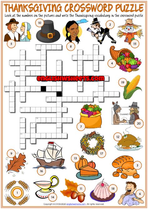 Thanksgiving Esl Printable Crossword Puzzle Worksheet For Kids