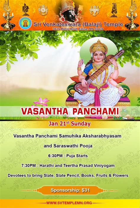 Vasantha Panchami In Sv Temple On 21st January Sri Venkateswara