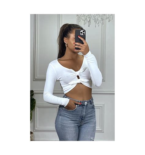 Crop Top Blanc à Double Noeud à La Poitrine Et Manches Longues