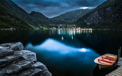 壁纸 3360x2100像素 蓝色 船 云彩 码头 晚间 峡湾 盖朗格 景观 灯光 山 性质 挪威 镇 水