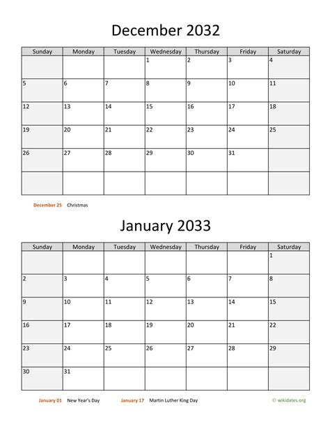 December 2032 And January 2033 Calendar