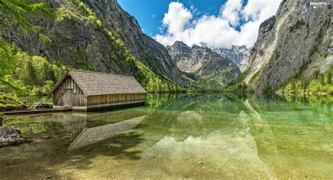 Germany Lake Koenigssee Cottage Wooden Trees Reflection Clouds