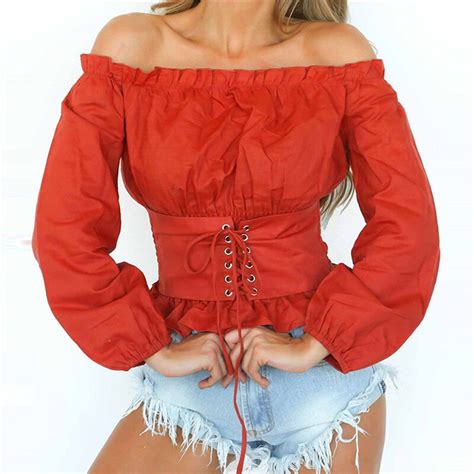 female solid color off shoulder tops women autumn spring long sleeve elegant drawstring t shirt