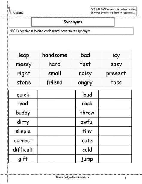Nouns And Verbs Worksheets Synonym Worksheet Opposites Worksheet 2nd