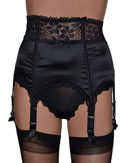 Satin And Lace High Waist 6 Strap Suspender Belt In Black Or White