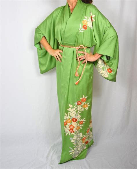 Japanese Vintage Kimono Robe In Green Silk With Obijime Kumihimo Belt